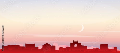 Red panoramic poster of the city skyline with misty background buildings, sunrise, moon and clouds of MUMBAI, INDIA