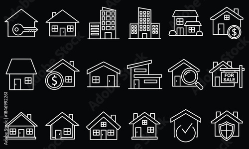 Real Estate & Property Outline Icons Set – House, Home, Building & Architecture Line Vector Pack