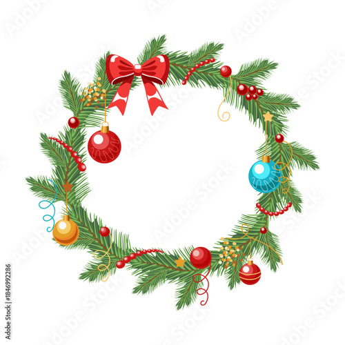 Christmas wreath made of fir branches and Christmas balls on a white background