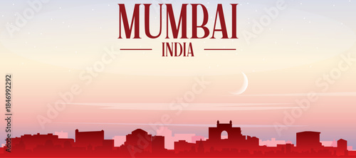 Red panoramic poster of the city skyline with misty background buildings, sunrise, moon and clouds of MUMBAI, INDIA