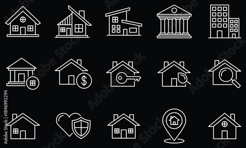 Real Estate & Property Outline Icons Set – House, Home, Building & Architecture Line Vector Pack