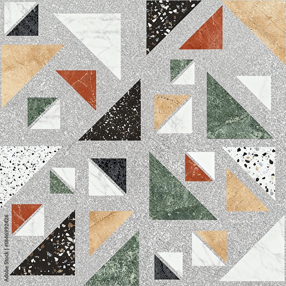 Obraz premium black-white terrazzo stone and multicolour marble stone arranged in a geometric pattern on grey marble background, decorative wall tiles and interior design