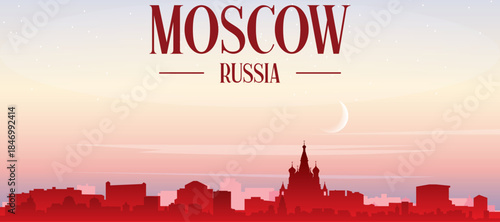 Red panoramic poster of the city skyline with misty background buildings, sunrise, moon and clouds of MOSCOW, RUSSIA