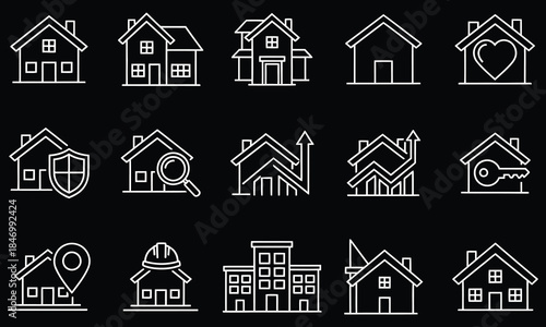 Real Estate & Property Outline Icons Set – House, Home, Building & Architecture Line Vector Pack