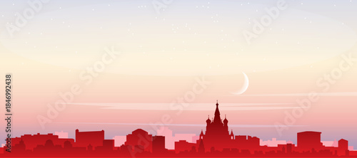 Red panoramic poster of the city skyline with misty background buildings, sunrise, moon and clouds of MOSCOW, RUSSIA