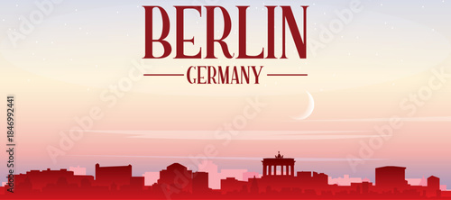 Red panoramic poster of the city skyline with misty background buildings, sunrise, moon and clouds of BERLIN, GERMANY