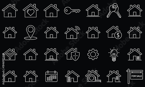 Real Estate & Property Outline Icons Set – House, Home, Building & Architecture Line Vector Pack