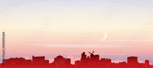 Red panoramic poster of the city skyline with misty background buildings, sunrise, moon and clouds of PARIS, FRANCE