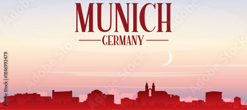 Red panoramic poster of the city skyline with misty background buildings, sunrise, moon and clouds of MUNICH, GERMANY