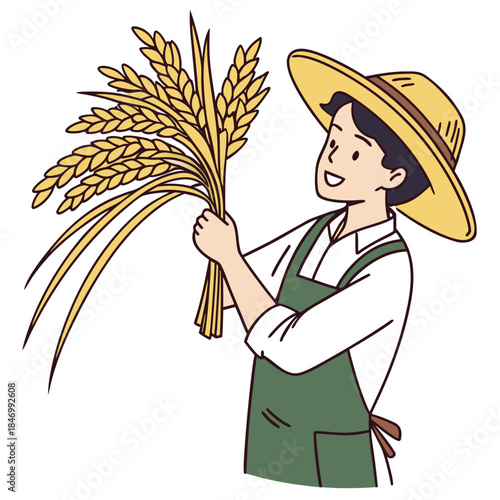 Smiling Asian farmer in straw hat holds golden rice harvest bundle proudly during daytime