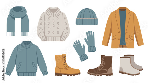 Simple Winter Clothing Essentials Vector Illustration on White Background