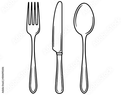 Outline Cutlery Set Icon. Hand-Drawn Fork, Knife, and Spoon Vector for Restaurant Menu, Dinner, or Catering Logo.