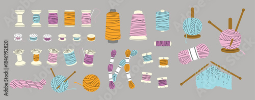 Thread and yarn equipment set on a grey background, vector illustration.