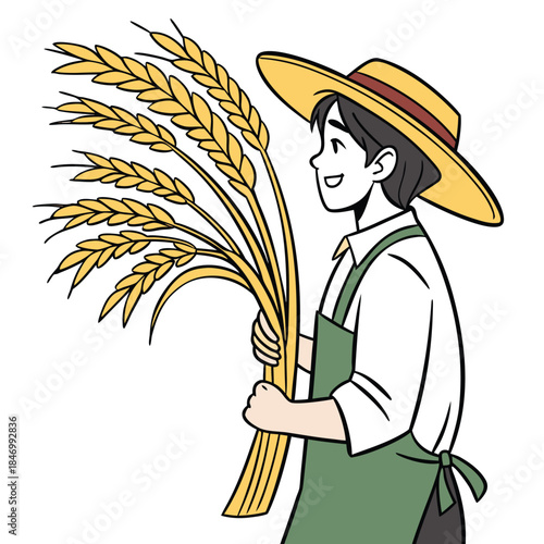 Smiling Asian farmer holding wheat stalks wears straw hat in a cute outline