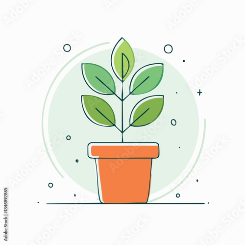 Flat vector illustration of a simple potted plant, using basic geometric shapes and clean lines for a modern aesthetic