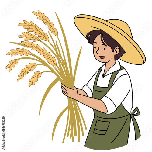 Smiling farmer wearing straw hat holds a large harvest of wheat with joy