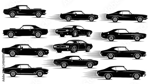 Silhouettes of multiple sports cars in motion on dark background