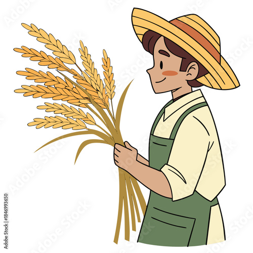 Smiling young agricultural worker with straw hat proudly displays his fresh wheat harvest