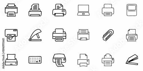 Office machine icons: printer, scanner, copier, fax machine, shredder