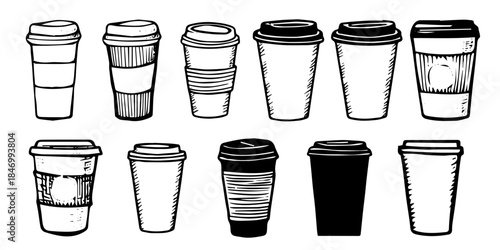 Hand drawn coffee to go, doodle sketch isolated on white. Takeaway cup with lid. Black and white line drawing.