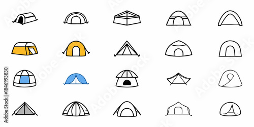 Set of flat icons illustrating different types of shelters, including a dome tent