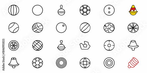 Collection of flat icons featuring skill toys like a yo-yo for play and hobbies