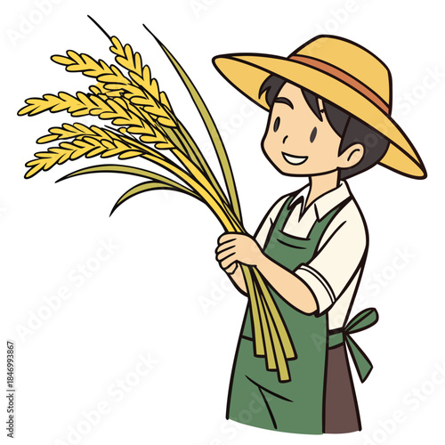 Smiling Asian farmer holds harvested rice plant wearing hat and green apron in the daytime