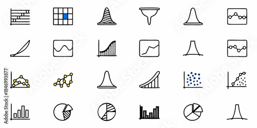 Statistical charts and graphs icons for data analysis and business reporting