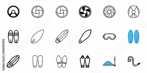 Flat icons representing surfing and bodyboarding for ocean sports and beach lifestyle