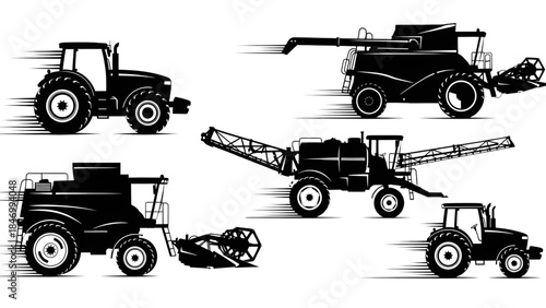 Tractors and farming equipment in motion on black background