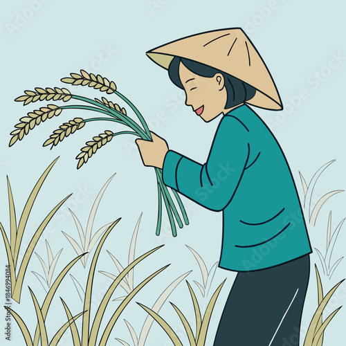 Smiling Asian woman harvests rice wearing traditional hat within the vibrant field scene