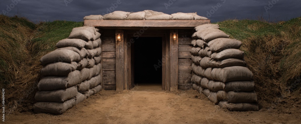 Obraz premium The sandbag fortified bunker entrance stands resilient protecting hope in a tense defensive position