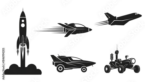 Futuristic transportation vehicles in motion on dark background