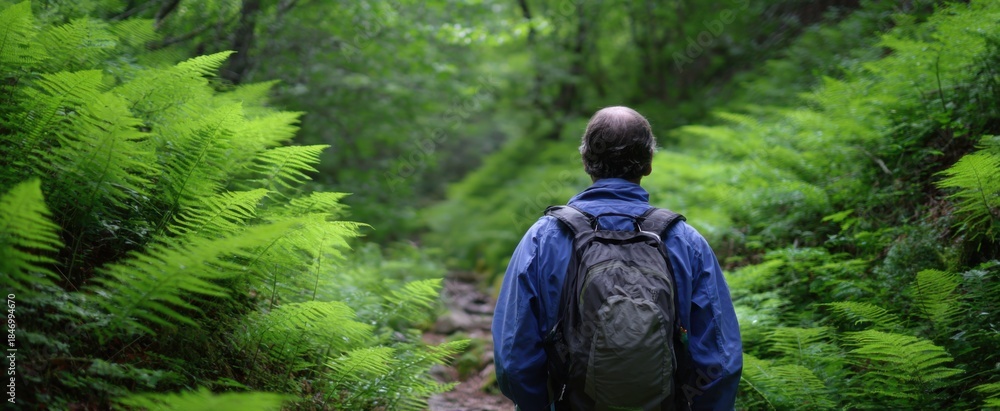 Fototapeta premium A hiker pauses on a tranquil forest path framed by dense vibrant vegetation