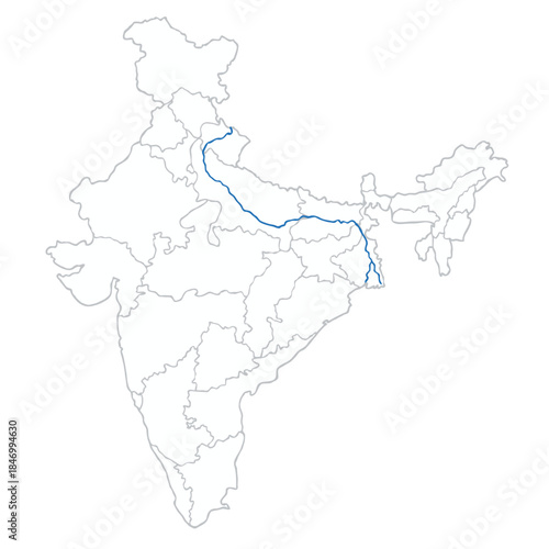 River Ganga on india map  vector. ganga river pathway on map