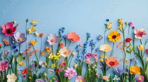Flat lay of colorful paper flowers arranged on blue background. AI-generated.