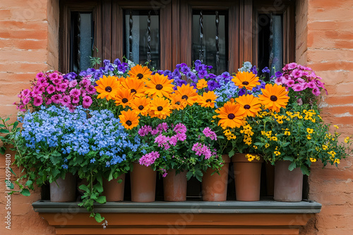 Wallpaper Mural Vibrant flower display in colorful pots on a window sill, enhancing the charm of a rustic brick building Torontodigital.ca