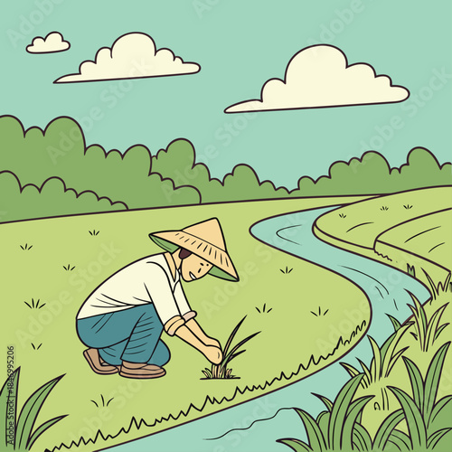 Southeast Asian farmer plants rice seedlings near a river on a sunny day within nature