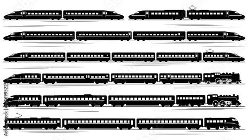 Various high-speed train designs in motion on black background