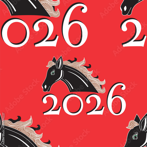 Seamless pattern with Asian elements on red background for happy Chinese new year of the Horse 2026, flyers, poster and banner. Black horse with white lines.