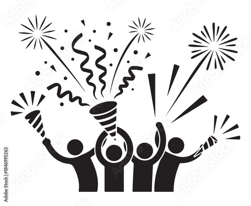 People Celebrating with Fireworks and Confetti