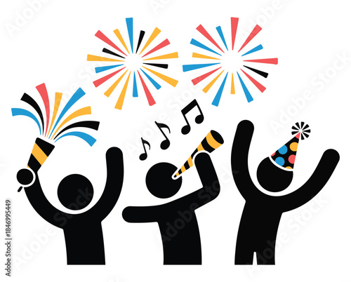 Silhouette People Celebrating Party with Fireworks and Music
