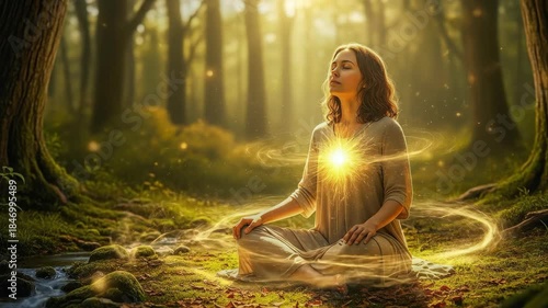 Woman meditating in a peaceful forest with glowing energy. Healing and spiritual wellness. Natural medicine and mindful practice.