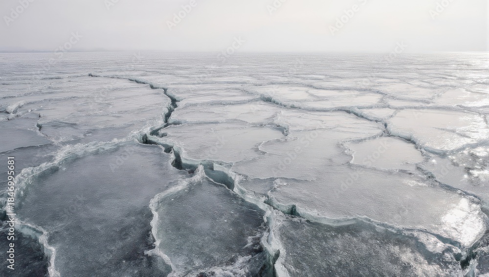 Obraz premium Aerial view of vast cracked ice expanse under a hazy, overcast sky