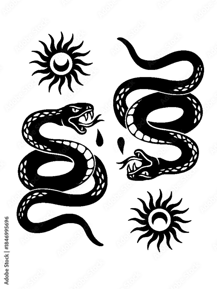 Fototapeta premium Dark mystical serpent tattoo design, traditional style vector.