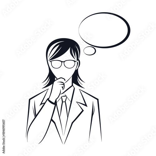 Woman in suit wearing glasses contemplates choices with a clear thinking bubble nearby
