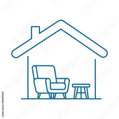 Blue line of a house with an armchair and a stool inside