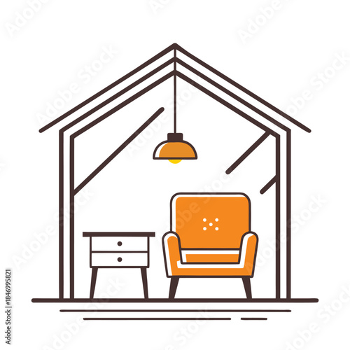 Orange armchair and white table inside a house with a hanging lamp interior