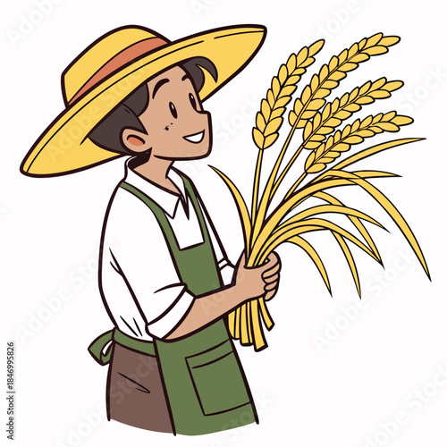 Smiling farmer with a sunhat is holding a wheat sheaf in a cheerful agriculture scene
