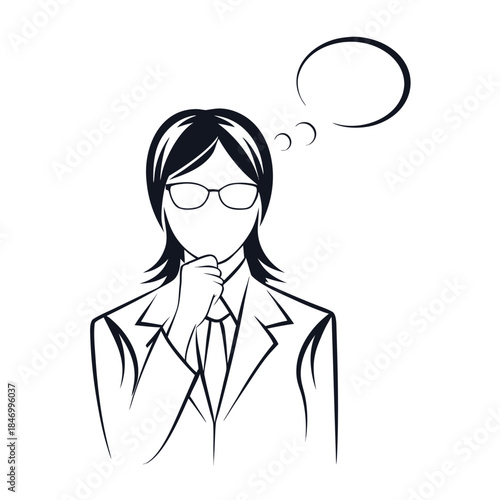 Woman in suit with glasses is thinking about something with a thought bubble